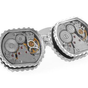 Tonneau Skeleton Gear Cufflinks - Rhodium Plated - Black
